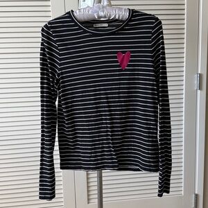 Marine Layer Black and White Striped Long Sleeve Tee with Pink Heart